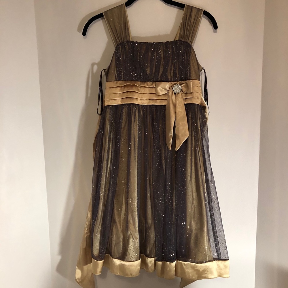 Formal gold and black lace dress with sache